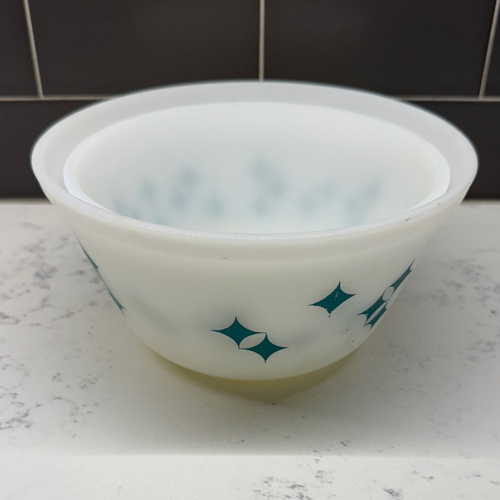 Vintage White and Teal Ceramic Bowl